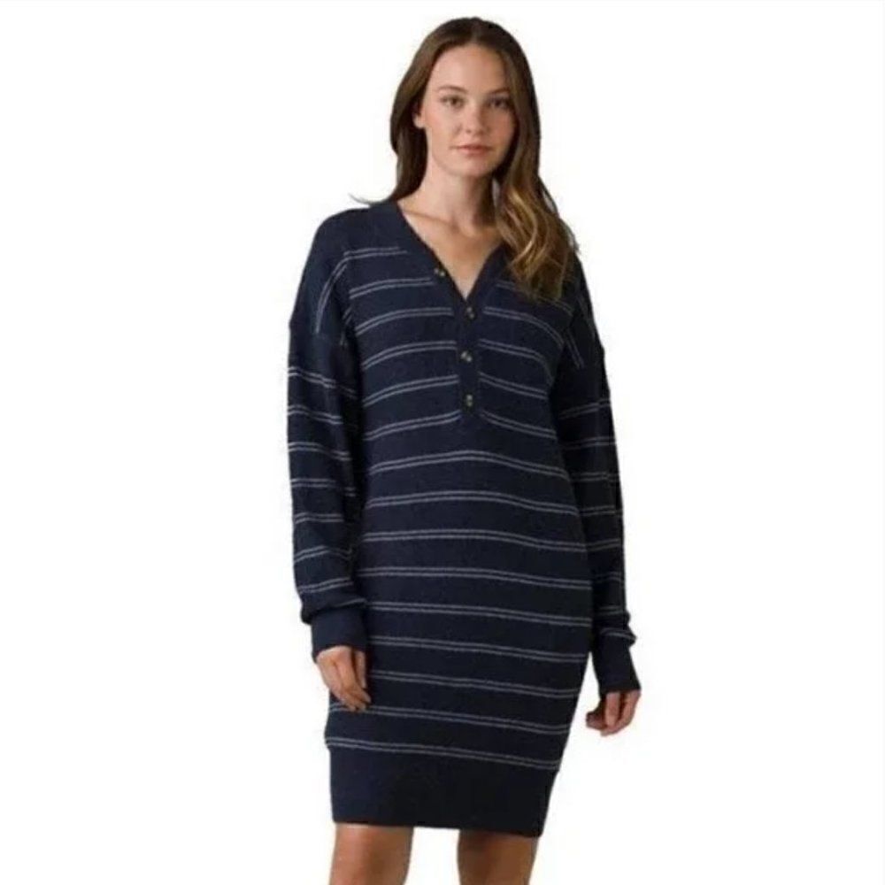NEW prAna Milani Henley navy nautical striped sweater dress women’s Small